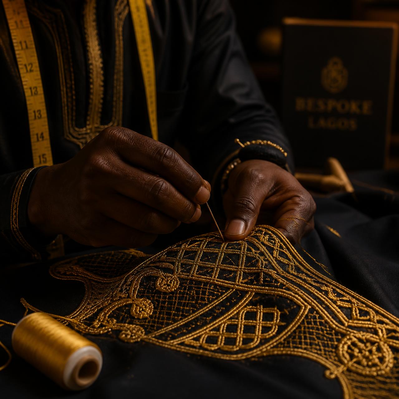 Hand embroidering gold thread onto fabric at HoseDavins Couture atelier